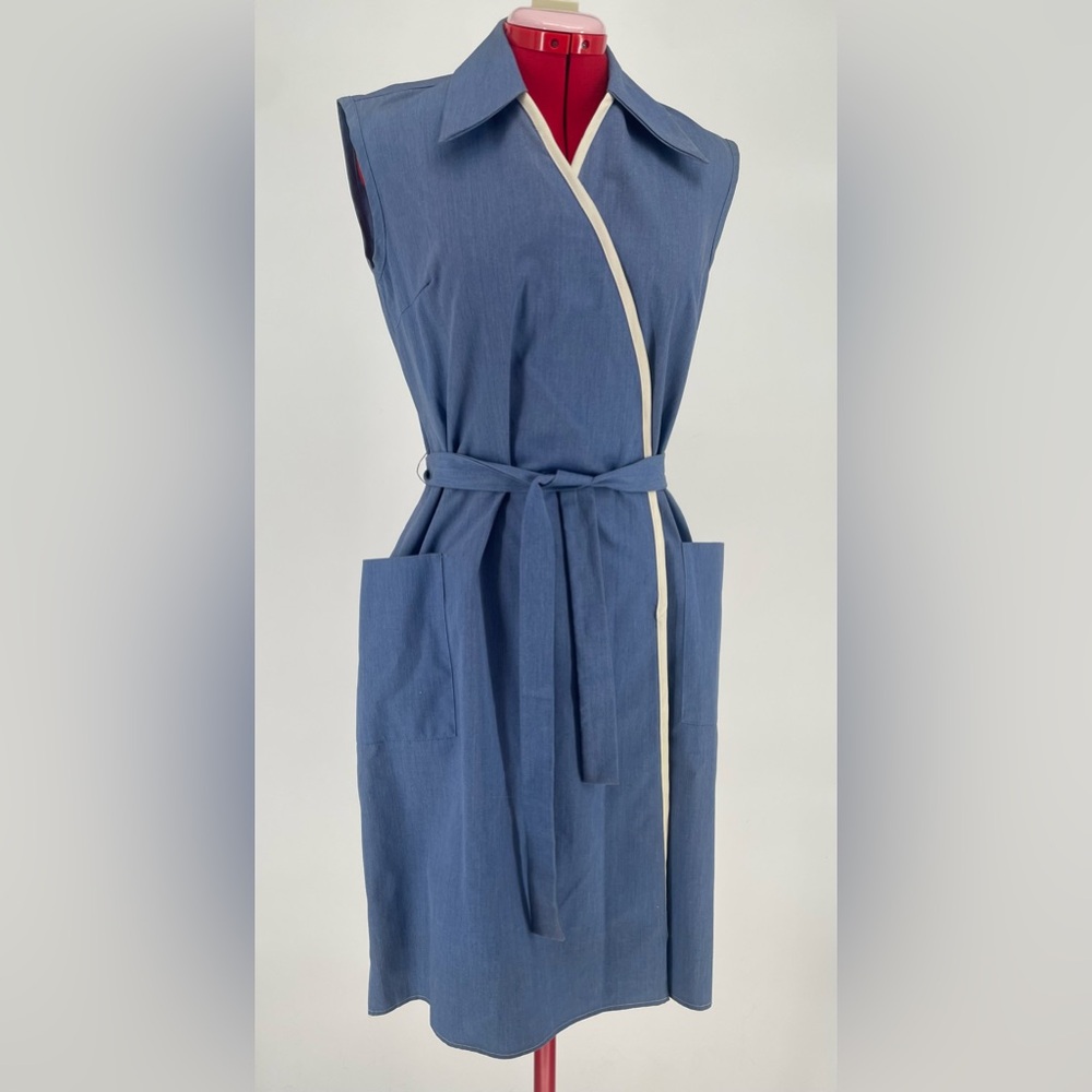 VTG 50s 60s “Skimma” Chambray Blue Front Crossover Belted Midi House Dress